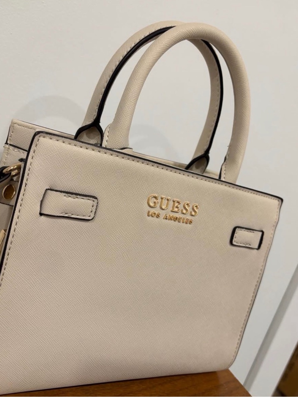 GUESS Cream Mini Satchel with Gold Hardware